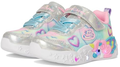 Skechers Baskets Licorne Charmer Lil Heart Sparkles pour Fille, Bordure Multicolore en Maille Scintillante argentée, 9 UK Child