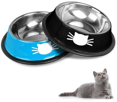 Katzennapf-Set, rutschfeste Katzennäpfe aus Edelstahl, Katzenfressnäpfe, Katzentränken, große Näpfe für Katzen und Trinknäpfe für Haustiere (Blau + Schwarz)