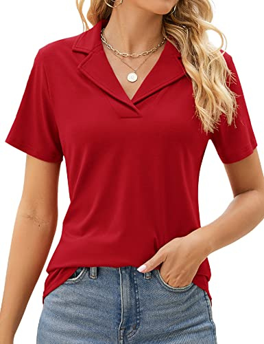 Rapbin Polo clásico para mujer, cuello en V, manga corta, para verano, negocios, golf, túnica, 2026, rosso, XXL