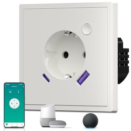 BSEED Prise Wi-Fi avec USB Typ C 20W, Prises en Matt avec bouton de commutation, Prise enterrée avec mesure du courant, S-Série, 1 voie, 86mm Blanc