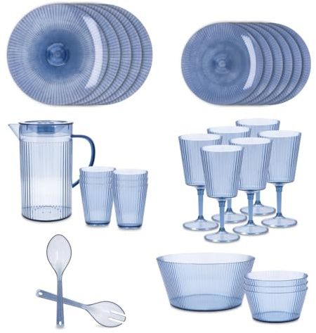Quid Vajilla de Ps – Poliestireno Sunset 30 piezas para 6 personas | Azul marino, diseño otras formas, acabado con relieve, apta para microondas y frigorífico