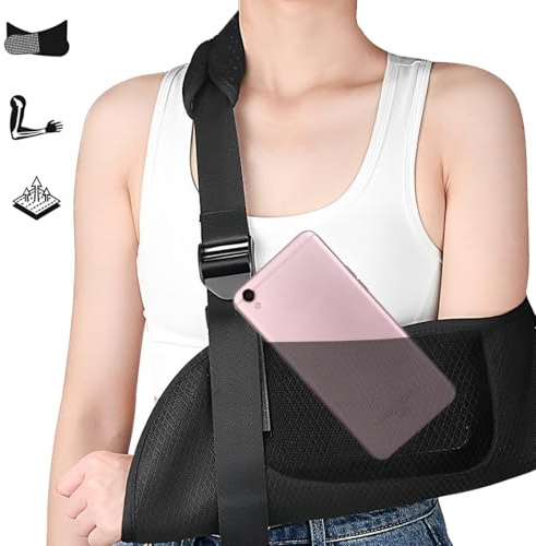 Tutore Braccio Tutore Spalla Destro e Sinistro, con Imbottitura per il Collo, Rete Traspirante e Tasche, per Donne e Uomini, Cinghia di Supporto per Braccio per Polso Rotto, Gomito, Spalla, M