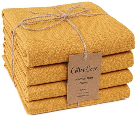 CottonCove Waffle Kitchen Towels 100% Cotton Set of 4-320 GSM Quality - Soft Absorbent Durable Washable Dish Cleaning Towel for Kitchen & Home - Quick Drying Dish Towel 40x66 cm Mustard Yellow