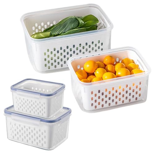 Fiacvrs 2 Pack Fruit Storage Containers for Fridge, Stackable Food Storage Containers with Removable Colander, Refrigerator Organizer with Drain Baskets Lids- Keeping Food Fresh Longer