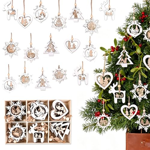24 Stück Holzanhänger Weihnachten Holz Schneeflocken Anhänger weiße Holz Weihnachts-Anhänger mit Juteseil und Perlen für Winterdeko Weihnachtsdeko