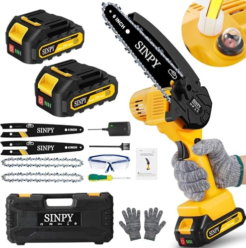 SINPY Mini Tronconneuse a Batterie 2x3000mah, 6 Pouces Tronçonneuse sur Batterie Elagueuse Thermique Coupe Branche Electrique Petite Tronçonneuse Sans Fil pour Jardin, 2 Chaînes