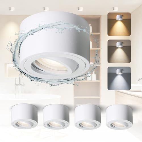 Mega lumen Plafonnier Spot Salle de Bain IP65 Saillie 5W 520lm 3CCT 4xSpots LED Plafond Aluminium Orientable Ø80x50mm Module Plafonnier LED for Cuisine Couloir Blanc 230V IRC90+