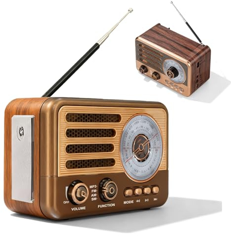 Poste Radio Vintage Portable, AM/FM/SW Radio Rétro en Bois Classique, Batterie Rechargeable 1200mAh, Haut-Parleur 5W, Lecteur MP3 USB/TF/AUX, pour Cuisine Bureau Extérieur