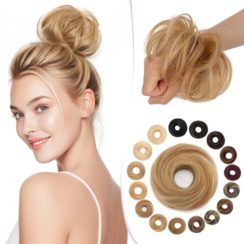 SEGO Pro Haarteil Mit Gummiband Echthaar Dutt Haarteil Echthaar Haargummi Mit Haaren Glatt Hair Messy Bun Hochsteckfrisuren Haarverlängerung für Damen Mädchen 17g - Glatt Weissbraun/Hellblond #12p613