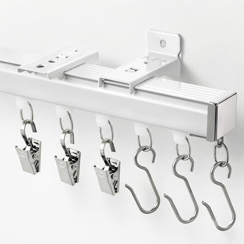 DEFYNEE Verstellbare Deckenvorhangschiene 274-366 cm (9–12 ft) | Raumteiler zur Decken- und Wandmontage | Mit 3 verschiedenen Haken für Fenster und Wohnzimmer, Weiß