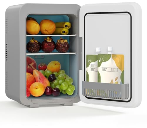 KioGro Mini Frigo de chambre,10 Litres/12 Canettes,AC/DC,Faible Bruit,12V 240V,Petit Frigo avec Étagères Réglables,Fonction Chaud/Froid,pour Nourriture,Boissons,Cosmetique,Maison,Dortoir,Voiture,Gris
