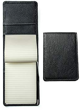 DELMON VARONE - Personalisierbares Notizblock Etui DIN A6 aus Premium Leder Soft Grain schwarz, Reporterblock im Hardcover Ledereinband mit Stiftschlaufe, Einschubfach und blanko Block liniert
