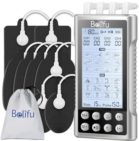 Belifu 4 Channel TENS EMS Unit – 24 Massage Modes & 30 Intensity Levels, Rechargeable Electric Pulse Muscle Stimulator with 10 Pads & 5 Lead Wires for Pain Relief & Therapy, Color Silver