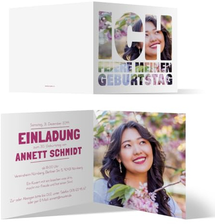 Personalisierte Geburtstag Einladungen selbst gestalten Einladungskarten individuelles Foto und Text 10 bis 100 Stück - Fotoschrift Klappkarten 300g/qm, 148x148mm, Umschläge optional