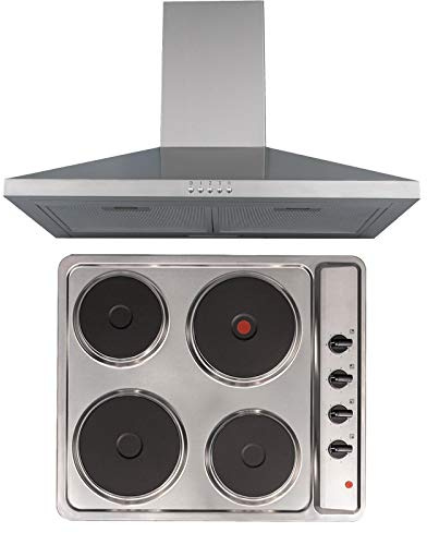 SIA 60cm Stainless Steel 4 Zone Solid Plate Electric Hob & Chimney Cooker Hood