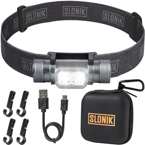SLONIK Linterna frontal recargable para adultos, 1000 lúmenes, súper brillante, linterna LED de haz de 60 pies, ligera, resistente, IPX4 impermeable, luz de casco duro, equipo de campamento, faros