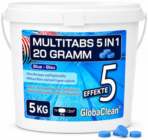 GlobaClean Multitabs für Pool 5 in 1-20g (5kg) - Blue Edition - Premium Chlortabletten für kristallklares Poolwasser - Langzeit Chlor Tabs zur Algenbekämpfung & optischen Wasserveredelung