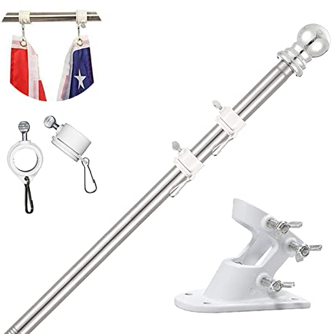TALITARE Kit Asta Bandiera di Alluminio Argento 150cm con Staffa in Acciaio Inossidabile, Set Pennone con Anello Rotanti per Montaggio a Parete Regolabile/Base Bianco
