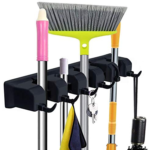 CINEYO Mop and Broom Holder Wall Mount Heavy Duty Tool Organizer For Home Garden Garage And Storage (5 Positions with 6 Hooks) (Black)
