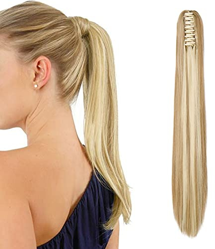 Coleta Postiza con Pinza Extensiones de Clip de Pelo Natural Extensiones de Cabello liso Sintético lacio Ponytail Largo Cola Claw 22 (Rubio arenoso&Blanqueador rubia)
