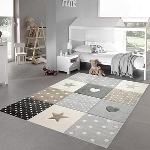 Teppich-Traum Kinderzimmer Teppich Spiel & Baby Teppich Herz Stern Punkte Design Braun Beige Grau Größe 200 x 290 cm