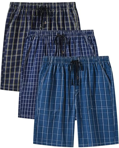 AjezMax Herren 3er Pack Schlafanzughose Kurz Baumwolle Kariert Pyjamahose Shorty Sommer Nachtwäsche Schlafshorts mit Taschen