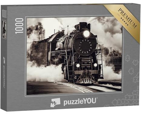 puzzleYOU: Puzzle 1000 Teile „Der Dampfzug fährt vom Bahnhof in Riga ab“ – aus der Puzzle-Kollektion Eisenbahn, Lokomotive, Schwarz-Weiß