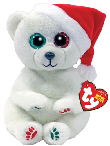 Ty - Plüsch - Beanie Bellies Special Christmas - Eisbär - Emery - Weiß - Teddybär mit Weihnachtsmütze und Glitzeraugen - Die weichen und kuscheligen Plüschtiere - 20 cm - 41042