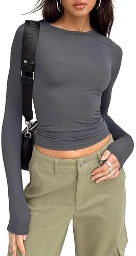 Sfit Langarmshirt Damen Slim Fit Y2K Crop Tops Rundhals Oberteile | Basic Enges Langarm T-Shirt Casual Dehnbares Longsleeve Shirt Einfarbiges Cropped Tee Athletische Shirts Teenager Streetwear