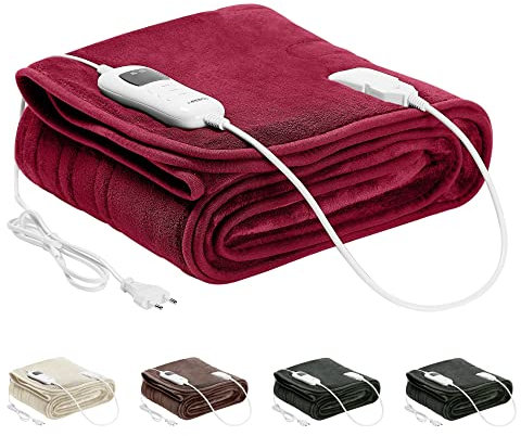 Arebos Couverture chauffante 160 x 120 cm | Lavable en machine | Arrêt automatique, minuterie, protection contre la surchauffe, fonction de préchauffage | 9 niveaux de chauffage | Bordeaux
