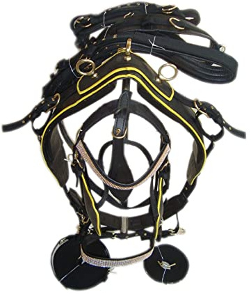 SHOWMEN CRAFT Schwarzes synthetisches Nylon-Pferd-Geschirr mit gelbem Piepin-Einzelpferd (SCHWEIZELAND)