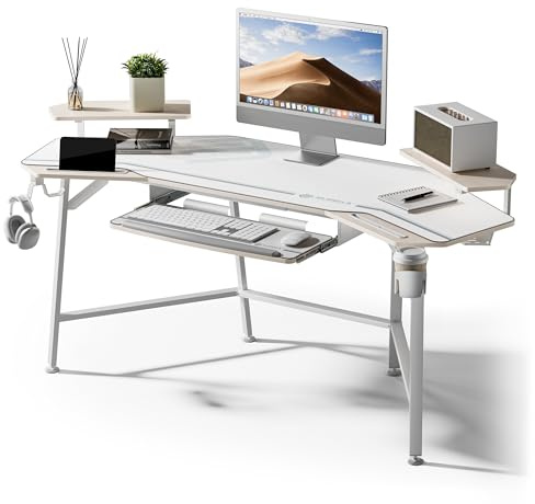 EUREKA ERGONOMIC Gaming Desk with LED Lights 182 x 76cm Wing Shaped Computer Desk Large Office Computer Workstation PC Table w Keyboard Tray, Dual Monitor Shelves,Dual Headphone Hanger Cup Holder