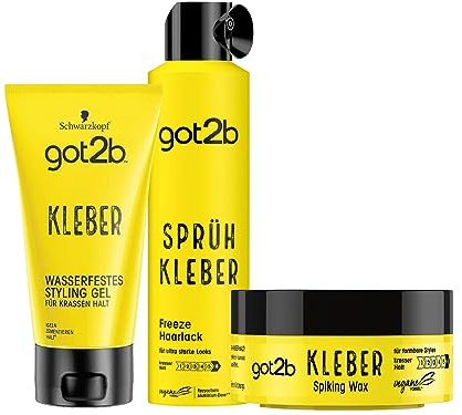 got2b Kleber Haar Gel Halt 6,wasser- und schweißfest, 1x150 ml & got2b Kleber Spiking Wax Halt 6, für vertikale Styles, 1x75 ml & got2b Haarlack Sprüh Kleber Halt 6, 72 h Haarspray, 1x300 ml