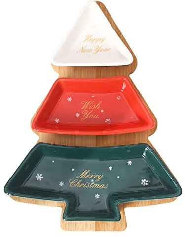 OQHAIR Frutero Árbol de Navidad Platos de cerámica Platos de 3 Rejillas Bandeja de bambú Bandeja para Servir refrigerios Ensaladera de Frutas Plato de Postre Vajilla Decorativa Plato de f