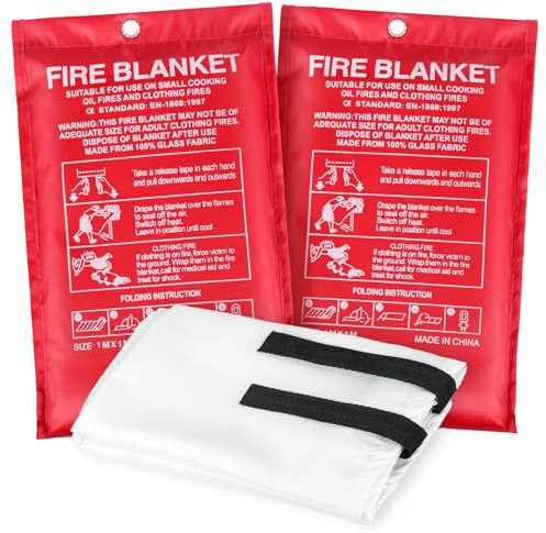Airfish 2 Pack Kitchen Fire Blanket Emergency for Home, Quick Unfolding & Easy to Use with Loops 1M x 1M, Fire Suppression Blanket for Grill, Car, Truck, Office, School, Warehouse
