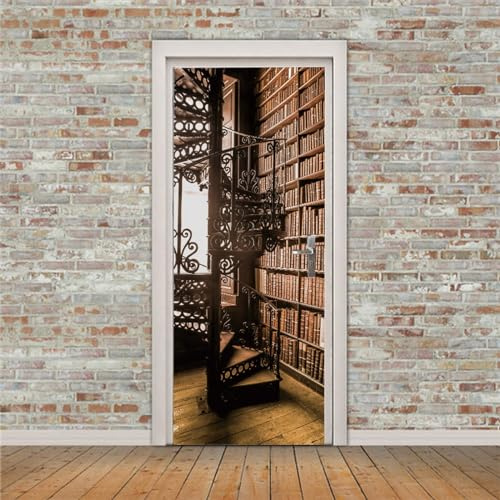 A.Monamour Türtapete Selbstklebend Türfolie Türposter 3D Bücherregal Büchern Und Wendeltreppe In Einer Alten Bibliothek Vinyl Folie Türdeko Tapete Wandbild Wanddeko Türaufkleber Türtattoo 77 x 200cm