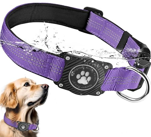 Ytanest Leuchtend AirTag Hundehalsband Halter 100% Wasserdicht Integriertes Apple Air Tag Reflektierend für mittlere große Hunde, Lila, M
