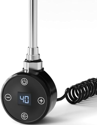 EMKE Heizstab für Badheizkörper 600W, Heizstab mit Thermostat für Heizkörper Handtuchheizkörper, Heizpatrone aus Edelstahl mit Elektronischer Temperaturregler und Timerfunktion Schwarz