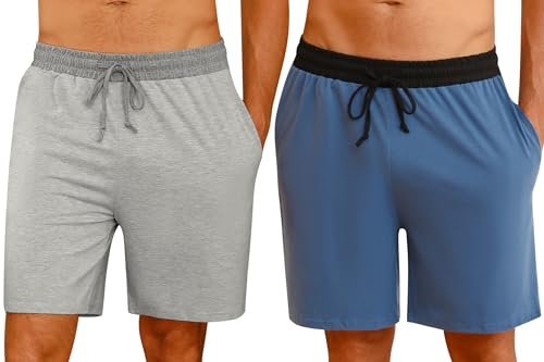 Nieery 2-pack pyjamasbyxor herr, korta bomull, sommar, pyjamas, shorts, fritidsbyxor, loungebyxor med sidofickor och elastisk linning