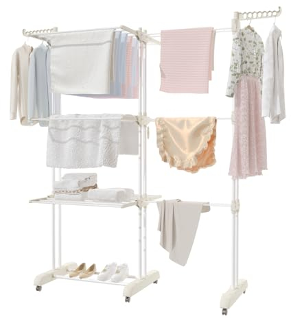 Oak & Tea Wäscheständer Turm, 83-200cm(Ausziehbar Flügeln), XXL Wäscheturm mit Rollen, 4 Etagen Wäscheständer, Großer Standtrockner, für Innen- und Außenbereich, Weiß