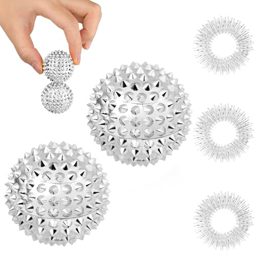 URAQT Akupressurball, 2 Stück Igelball Massage Small Und 3 Massageringe | für Finger, 32 mm Magnetic Spiked Massage Ball für Stress Relief oder Massage für Rücken Beine Füße Hände(Silber)
