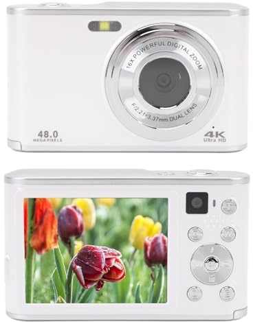 Dpofirs Appareil Photo Numérique 4K, Appareil Photo Autofocus 48 MP Selfie avec Double Objectif Avant et Arrière, Léger, Zoom Numérique 16X, Caméra Vidéo de Voyage Compacte pour (White)