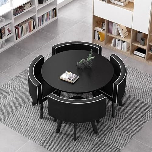 FSADYANG Moderner Konferenztisch, Runder Konferenztisch und Stühle, Esstisch-Set für 4 Personen mit Stühlen, Geräuschlose Tischbeine, Platzsparender Kleiner Konferenztisch(Black-Black)