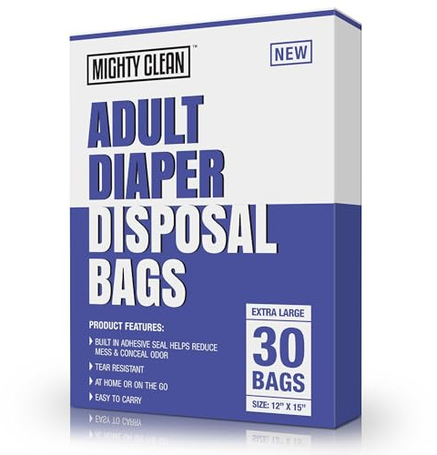 Mighty Clean Extra Large Adult Diaper Disposable Bags - 30 Bags | Leak-Proof, Odor Sealing, Tear Resistant | Discreet for Diapers, Incontinence Pads, Sanitary Product Disposal | Durable and Unscented