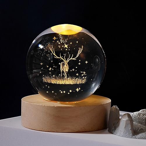 Weihnachtsdeko 3D Kristallkugel mit LED-Licht, Schneekugel Nachtlicht Weihnachten deko mit Holzsockel, USB Lasergeätzte Kugel Lampe, Weihnachts Glaskugel Deko für Zuhause Geschenk (C x 6 cm)