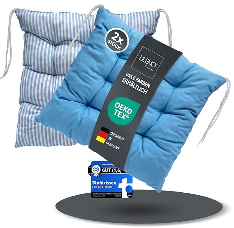 LILENO HOME 2er Set Wende Stuhlkissen Hellblau (40x40x6 cm) - Streifen Sitzkissen für Gartenstuhl, Küche oder Esszimmerstuhl - Indoor u. Outdoor Stuhlauflage als Stuhl Kissen (Linda FUM)