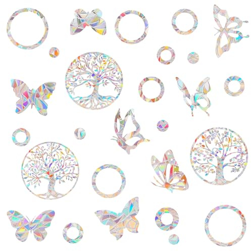 27 Stück Prism-Fenster-Abziehbilder PVC Anti-Kollisions-Aufkleber Vogelschutz Regenbogen Fensterfolie, Schmetterling Rund Baum des Lebens Prismen Fensteraufkleber, Sonnenfänger Sticker Dekoration