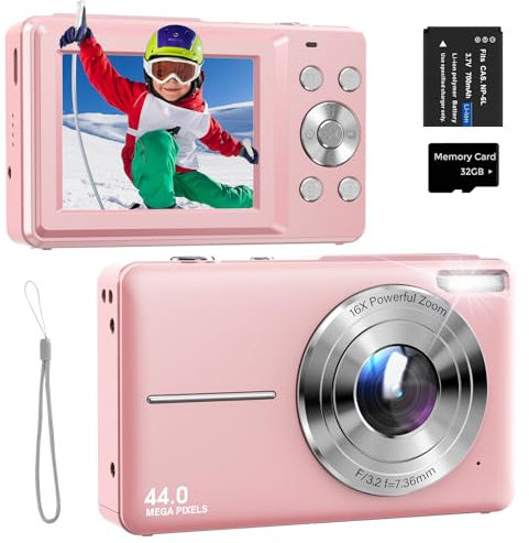 Appareil Photo Numérique 44MP 1080P FHD Appareil Photo Compact avec Zoom Numérique 16X, Écran de 2,4 et Carte 32GB, Une Batterie pour Adolescents, Enfants et Débutants Rose