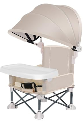 Foldable Baby Travel Seat Booster with Canopy and Removable Tray, Portable Toddler Camping Chair, Portable Dining Table with Aluminum Alloy Supports for Indoor Outdoor Camping Beach Lawn