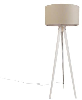 Qazqa rústico Vloerlamp tripod wit met stoffen kap lichtbruin 50cm - Tripod Classic Madera/Textil Redonda Adecuado para LED Max. 1 x 60 Watt